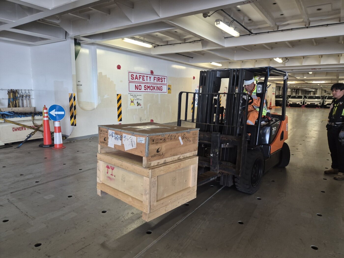 Forklift handling inside vessel